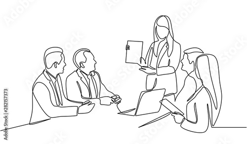 Continuous line drawing of group of business people having discussion in conference room. Creative business team brainstorming over new project isolated on white background