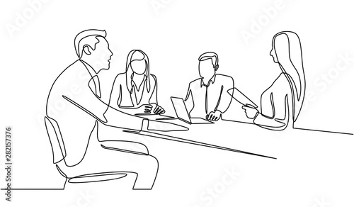 Continuous line drawing of group of business people having discussion in conference room. Creative business team brainstorming over new project isolated on white background