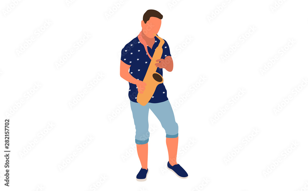 Young man playing saxophone. Isolated flat illustration - Vector