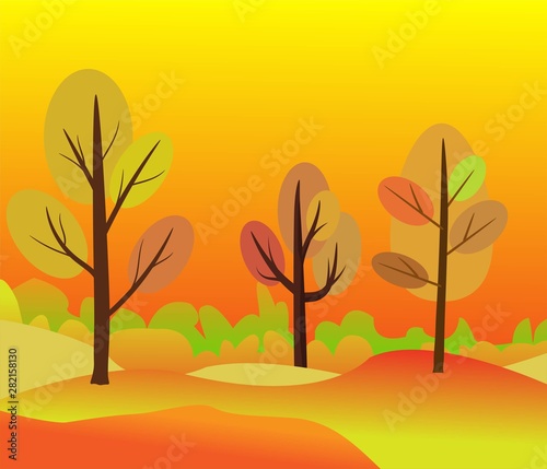 WebVector illustration of beautiful golden autumn landscape on red yellow autumn colors background in modern elegant style with autumn trees in the forest. Beatiful vector autumn colors landscape