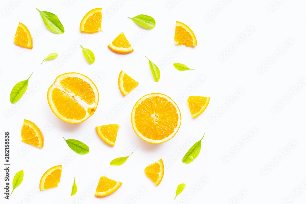 High vitamin C, Juicy and sweet. Fresh orange fruit with green leaves on white. High vitamin C, Juicy and sweet. Fresh orange fruit with green leaves on white.
