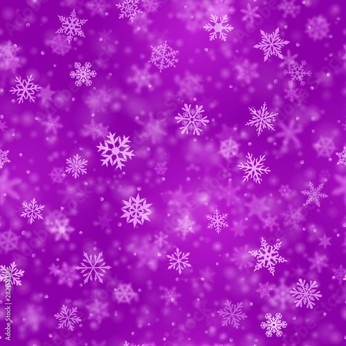 Christmas seamless pattern of complex blurred and clear falling snowflakes in purple colors with bokeh effect