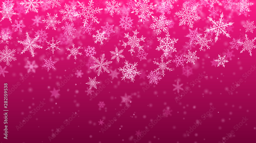Christmas background of complex blurred and clear falling snowflakes in purple colors with bokeh effect Christmas background of complex blurred and clear falling snowflakes in purple colors with bokeh effect