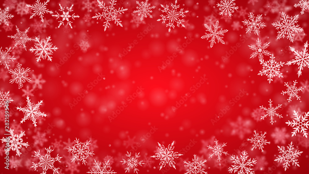 Christmas background of complex blurred and clear falling snowflakes in red colors with bokeh effect