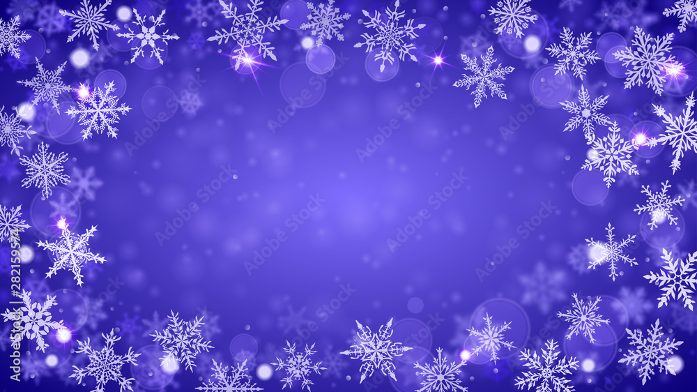 Christmas background of complex blurred and clear falling snowflakes in blue colors with bokeh effect Christmas background of complex blurred and clear falling snowflakes in blue colors with bokeh effect