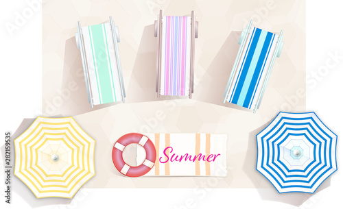 Summer Beach Vector Set - top view with umbrellas, sun beds, towel, float on the sand