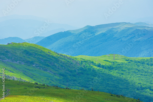 beautiful mountain landscape with grassy hills. sky with fluffy clouds. foot path in to the distance