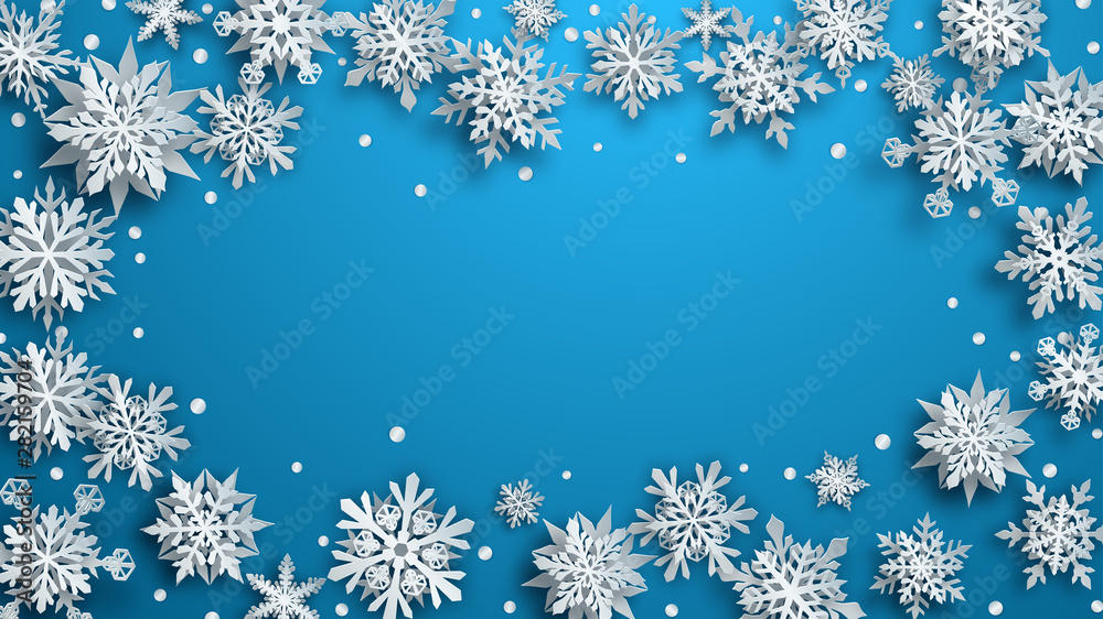 Christmas illustration of white complex paper snowflakes with soft shadows on light blue background Christmas illustration of white complex paper snowflakes with soft shadows on light blue background
