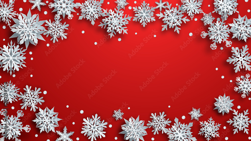 Christmas illustration of white complex paper snowflakes with soft shadows on red background