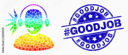 Pixel spectral operator signal mosaic pictogram and #Goodjob seal. Blue vector rounded distress seal stamp with #Goodjob caption. Vector composition in flat style.