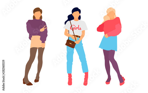 Young model woman set posing on white isolated background. Flat illustration - Vector