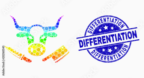 Dotted spectrum butchery mosaic icon and Differentiation seal stamp. Blue vector round grunge watermark with Differentiation phrase. Vector collage in flat style.