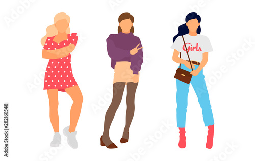 Young model woman set posing on white isolated background. Flat illustration - Vector