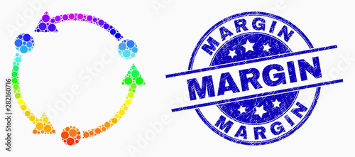 Pixel bright spectral rotation arrows mosaic icon and Margin seal stamp. Blue vector rounded textured seal stamp with Margin phrase. Vector collage in flat style.