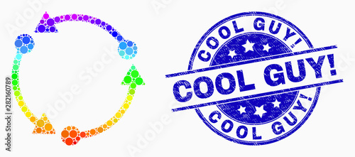 Dotted bright spectral rotation mosaic icon and Cool Guy! seal stamp. Blue vector round scratched stamp with Cool Guy! phrase. Vector collage in flat style.