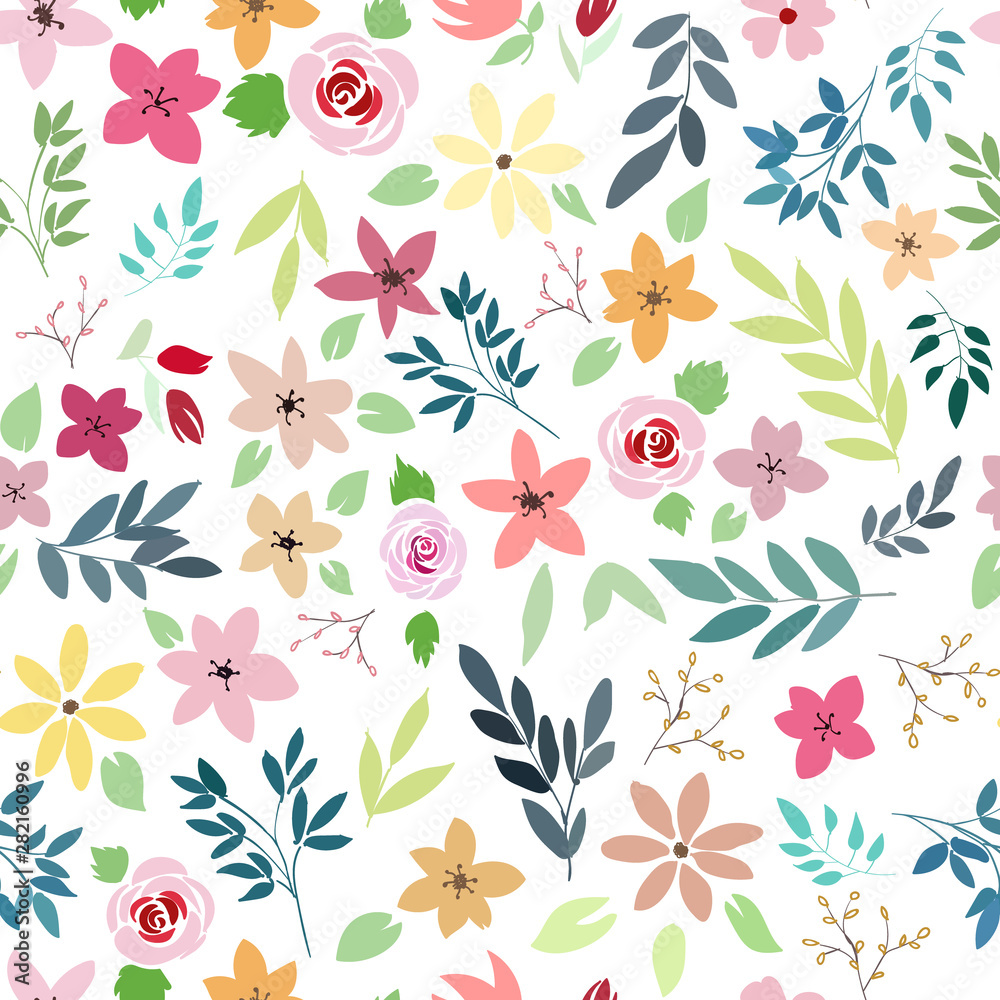 Flat flowers background seamless pattern.