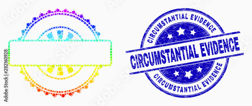 Pixelated rainbow gradiented seal stamp template mosaic pictogram and Circumstantial Evidence watermark. Blue vector round scratched seal stamp with Circumstantial Evidence title.