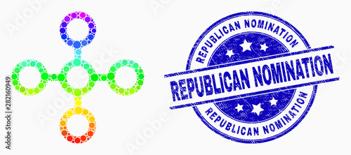 Pixel rainbow gradiented network node mosaic icon and Republican Nomination seal. Blue vector round distress stamp with Republican Nomination message. Vector composition in flat style.