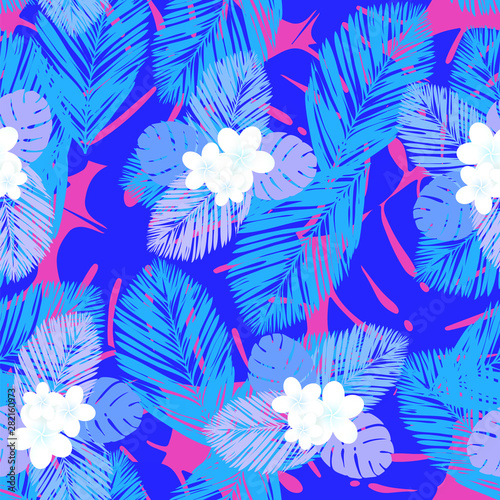 Seamless vector tropical pattern. Plumeria, frangipani. Exotic vector beach wallpaper seamless pattern.
