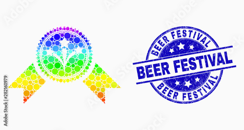 Dot rainbow gradiented pyrotechnics award seal mosaic icon and Beer Festival seal stamp. Blue vector rounded textured seal stamp with Beer Festival text. Vector combination in flat style.