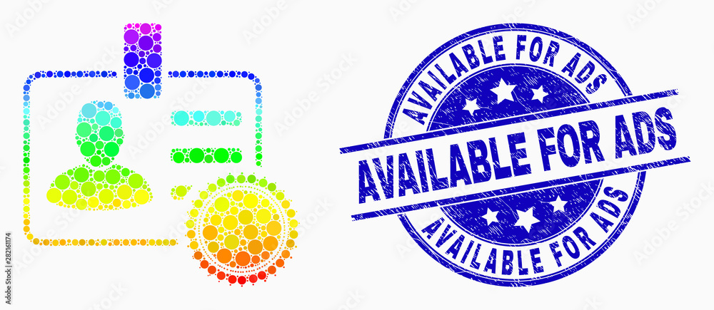 Dot spectrum stamped user badge mosaic pictogram and Available for Ads stamp. Blue vector rounded scratched stamp with Available for Ads text. Vector composition in flat style.
