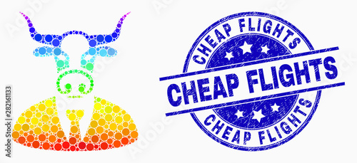 Dot rainbow gradiented cow boss mosaic icon and Cheap Flights seal stamp. Blue vector rounded scratched seal stamp with Cheap Flights phrase. Vector composition in flat style.