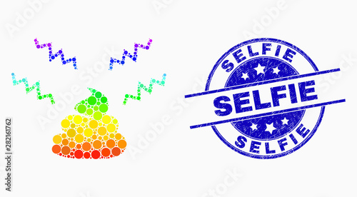 Dotted bright spectral smelly shit mosaic pictogram and Selfie watermark. Blue vector rounded distress seal stamp with Selfie text. Vector collage in flat style.