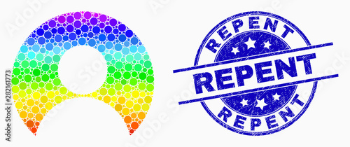Dot rainbow gradiented user account mosaic icon and Repent seal stamp. Blue vector rounded grunge seal stamp with Repent message. Vector composition in flat style.