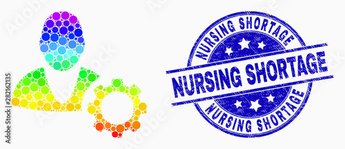 Pixelated spectral user options cog mosaic pictogram and Nursing Shortage stamp. Blue vector rounded textured seal stamp with Nursing Shortage title. Vector composition in flat style.