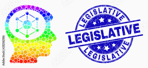 Pixel spectrum human memory mosaic icon and Legislative seal stamp. Blue vector rounded textured seal with Legislative title. Vector composition in flat style.