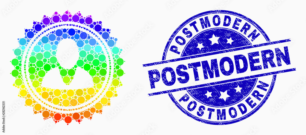Pixel spectral user stamp seal mosaic pictogram and Postmodern seal stamp. Blue vector round distress seal stamp with Postmodern phrase. Vector combination in flat style.
