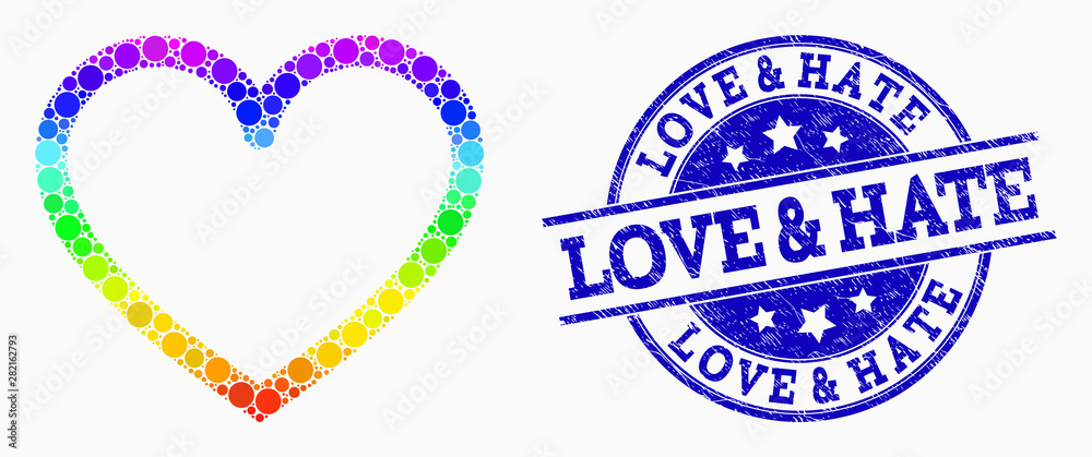 Pixel spectrum contour heart mosaic pictogram and Love & Hate seal stamp. Blue vector rounded textured stamp with Love & Hate text. Vector collage in flat style.