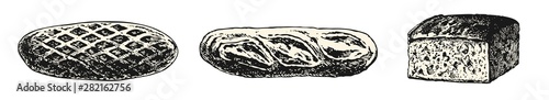 vintage / retro bakery vector design elements: three different sorts or loaves of bread sketches, isolated, background as a separate object / path  