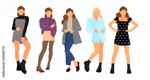 Young model woman set posing on white isolated background. Flat illustration - Vector