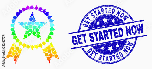 Pixel spectral star seal mosaic icon and Get Started Now watermark. Blue vector rounded textured seal stamp with Get Started Now caption. Vector composition in flat style.