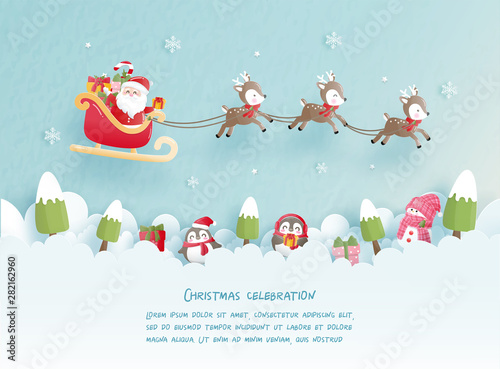 Christmas card in paper cut style. Vector illustration