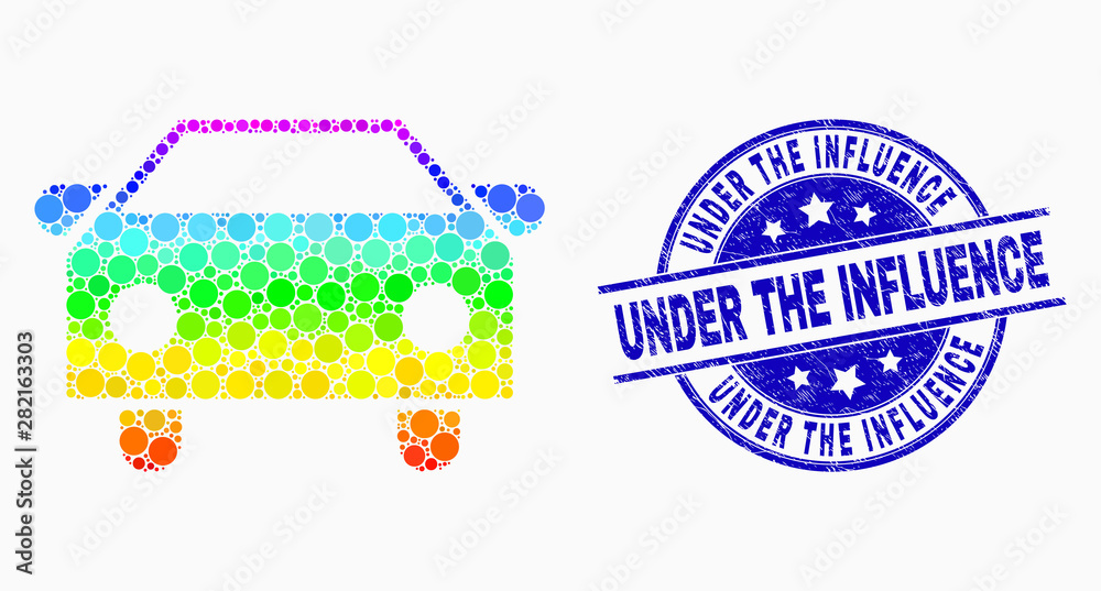Naklejka premium Dot bright spectral car mosaic icon and Under the Influence seal stamp. Blue vector rounded grunge seal stamp with Under the Influence message. Vector collage in flat style.
