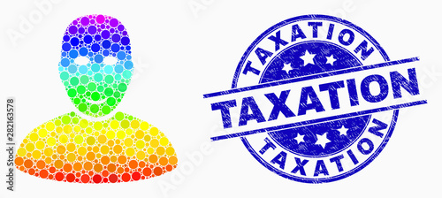Dotted spectral user mosaic icon and Taxation seal. Blue vector rounded textured seal with Taxation phrase. Vector combination in flat style. Spectral gradient user mosaic of scattered spheres,