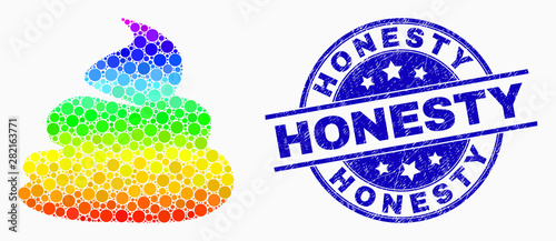 Dotted spectrum shit mosaic pictogram and Honesty seal stamp. Blue vector rounded grunge seal stamp with Honesty phrase. Vector combination in flat style.