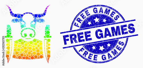 Pixel bright spectral cow butcher mosaic pictogram and Free Games seal stamp. Blue vector round textured seal stamp with Free Games phrase. Vector collage in flat style.