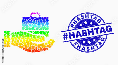 Dotted bright spectral offer case mosaic pictogram and #Hashtag seal. Blue vector round grunge stamp with #Hashtag phrase. Vector composition in flat style.