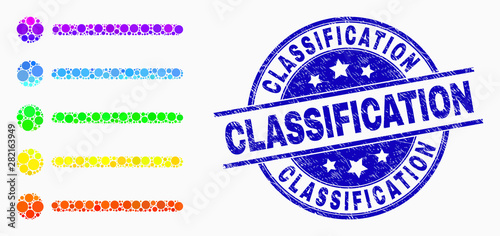 Pixel rainbow gradiented items mosaic icon and Classification seal stamp. Blue vector round textured stamp with Classification phrase. Vector combination in flat style.