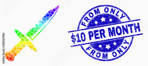 Pixel bright spectral sword mosaic icon and From Only $10 Per Month seal stamp. Blue vector round distress seal with From Only $10 Per Month phrase. Vector collage in flat style.