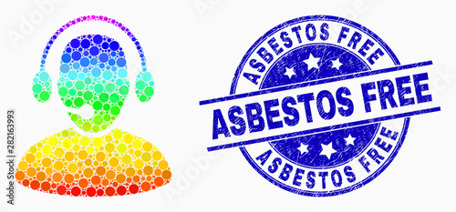 Dot rainbow gradiented call center worker mosaic icon and Asbestos Free stamp. Blue vector rounded grunge seal stamp with Asbestos Free text. Vector combination in flat style.