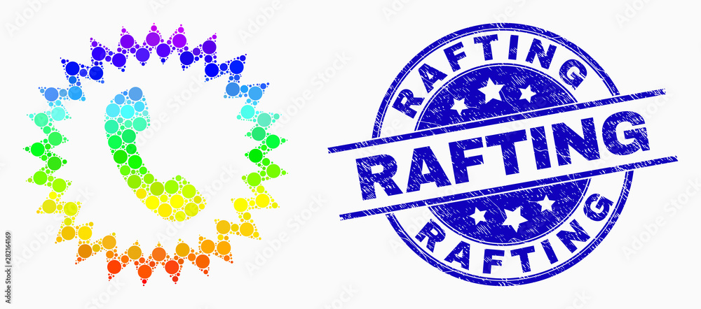 Pixelated rainbow gradiented telephone alert mosaic pictogram and Rafting watermark. Blue vector round scratched watermark with Rafting caption. Vector composition in flat style.
