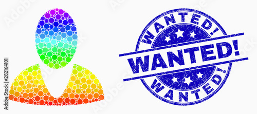 Pixelated spectral guy profile mosaic pictogram and Wanted! seal stamp. Blue vector rounded scratched stamp with Wanted! title. Vector collage in flat style.