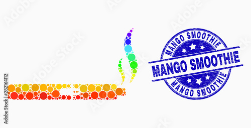 Pixelated bright spectral vape smoke mosaic icon and Mango Smoothie seal stamp. Blue vector rounded distress stamp with Mango Smoothie phrase. Vector combination in flat style.