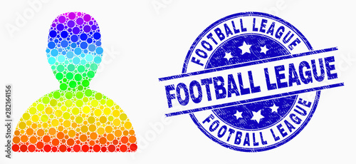 Dotted bright spectral customer mosaic icon and Football League seal. Blue vector round grunge seal with Football League text. Vector combination in flat style.