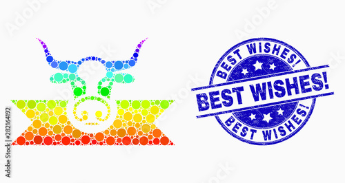 Pixel spectral cow award ribbons mosaic icon and Best Wishes! watermark. Blue vector rounded textured seal stamp with Best Wishes! title. Vector composition in flat style.