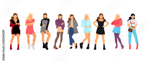 Young model woman set posing on white isolated background. Flat illustration - Vector